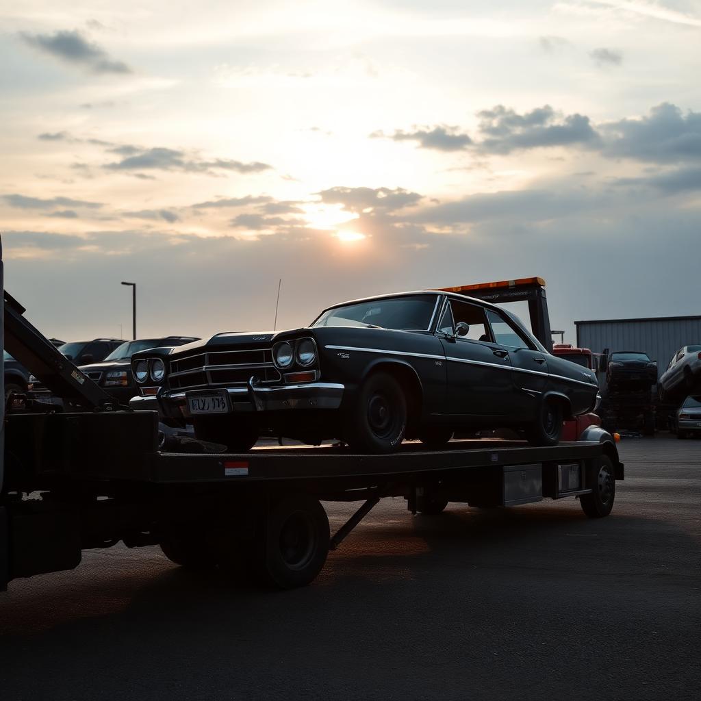Flatbed tow truck loading a junk car at a Joliet scrapyard